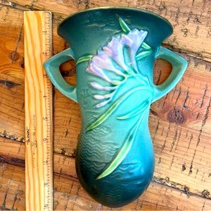 Roseville Pottery - blue/green Freesia wall pocket